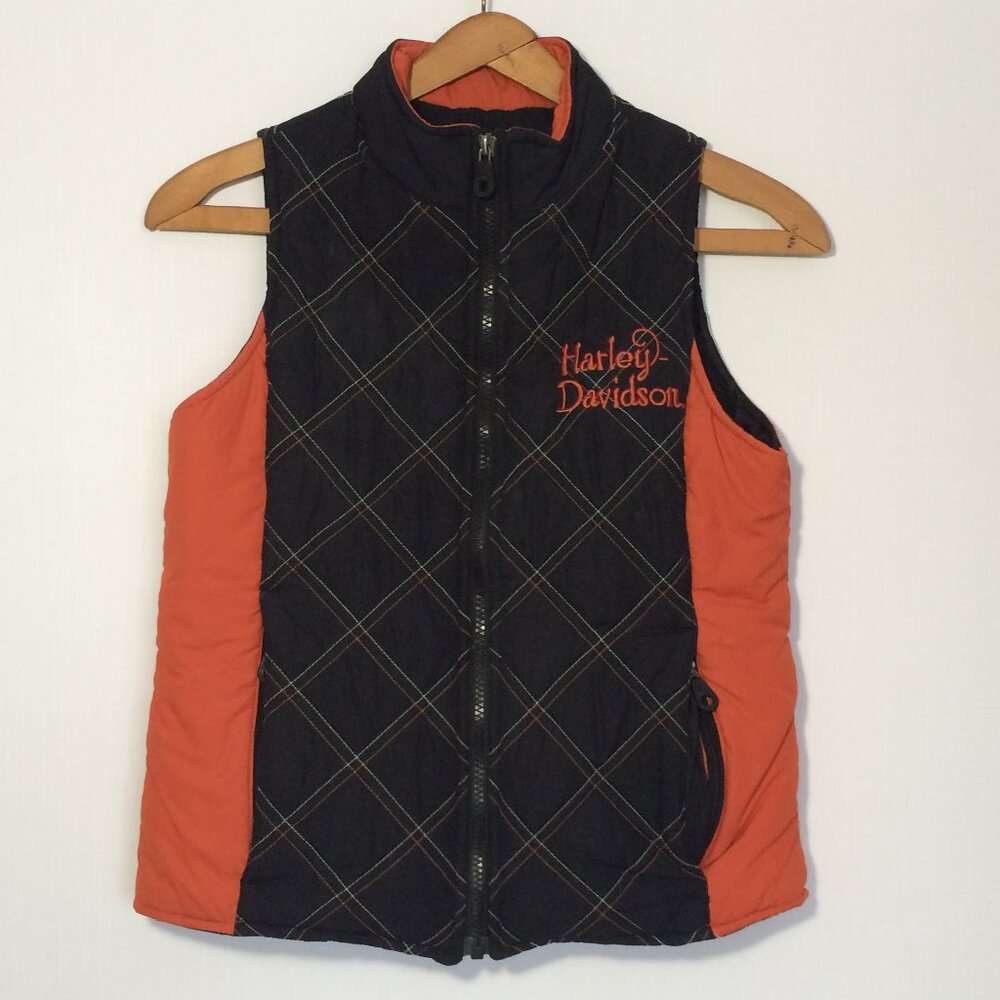 Harley Davidson Womens Quilted Puffer Vest XS Black Plaid Sleeveless Full Zip